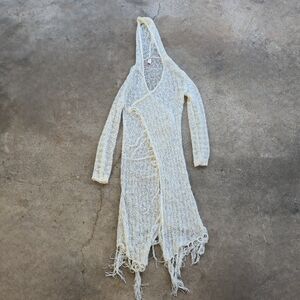 Vtg Y2k No Boundaries Fringe Knit Open Duster Cardigan Grunge Large
